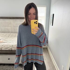 Free People Blue Sweater with Rainbow Stripes